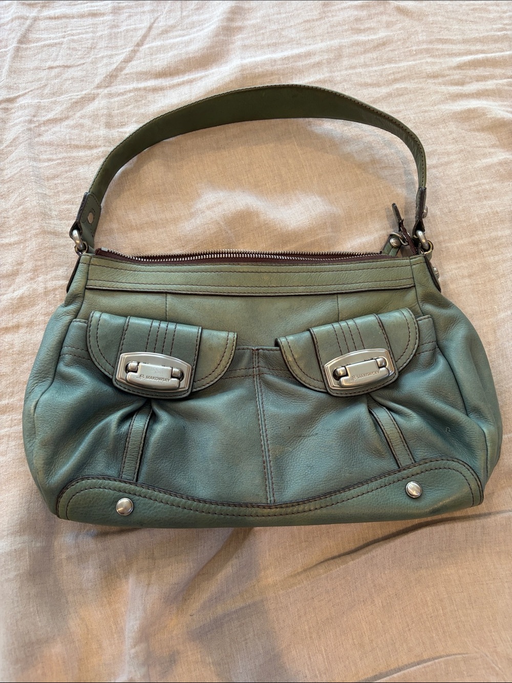 b. makowsky Olive Leather Shoulder Bag with Dual Front Flap Pockets